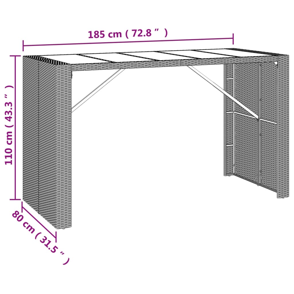 Mesa de bar com tampo de vidro 185x80x110 cm vime PE preto