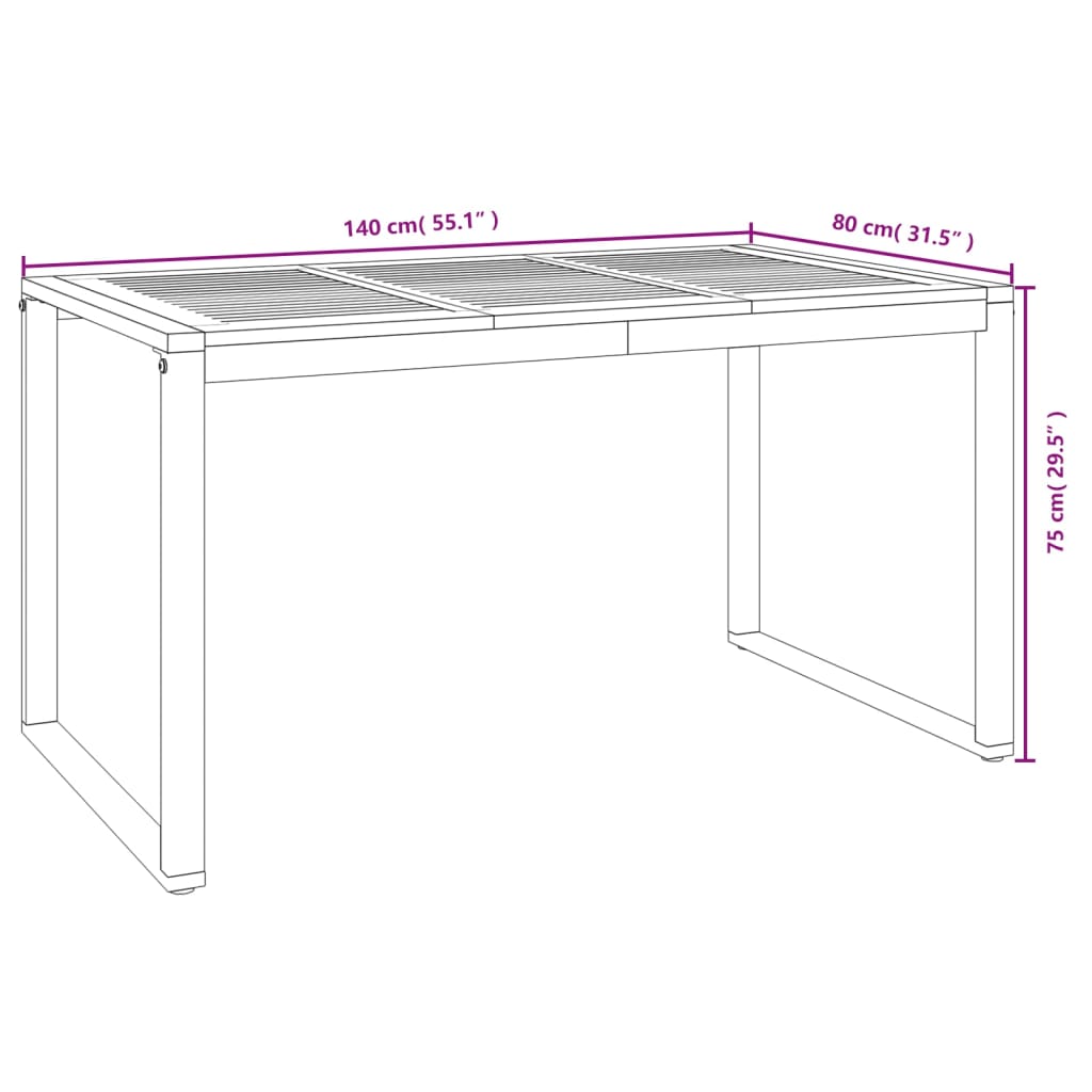 Mesa jardim c/ pernas em forma de U 140x80x75 cm acácia maciça