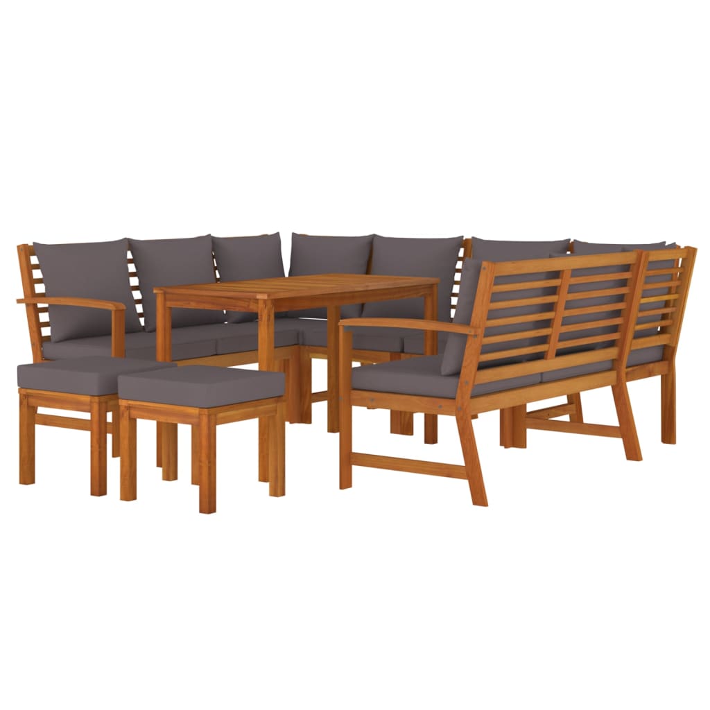 9 pcs conjunto de jantar p/ jardim c/ almofadões acácia maciça