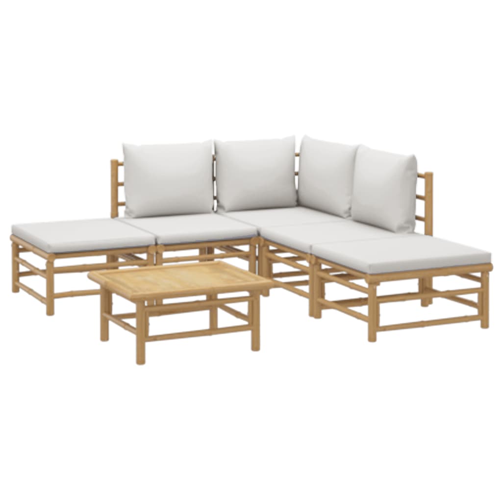 6 pcs conj. lounge de jardim bambu c/ almofadões cinzento-claro