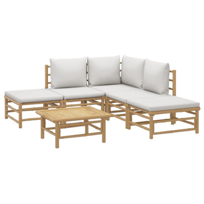 6 pcs conj. lounge de jardim bambu c/ almofadões cinzento-claro