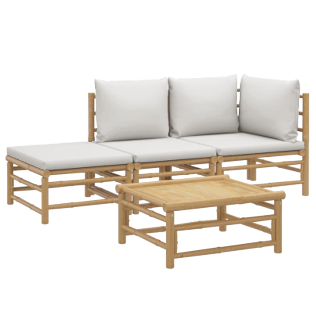 4 pcs conj. lounge de jardim bambu c/ almofadões cinzento-claro