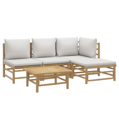 5 pcs conj. lounge de jardim bambu c/ almofadões cinzento-claro