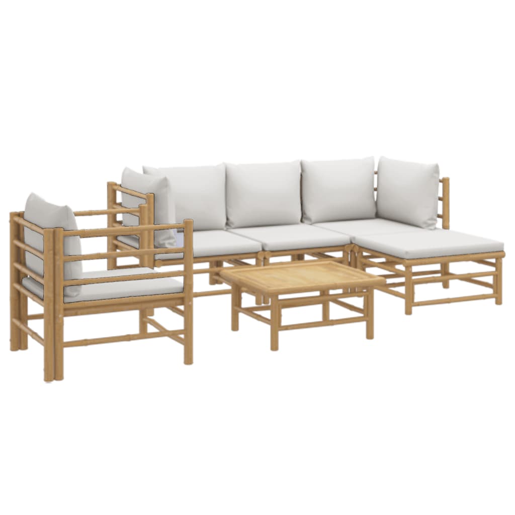 6 pcs conj. lounge de jardim bambu c/ almofadões cinzento-claro