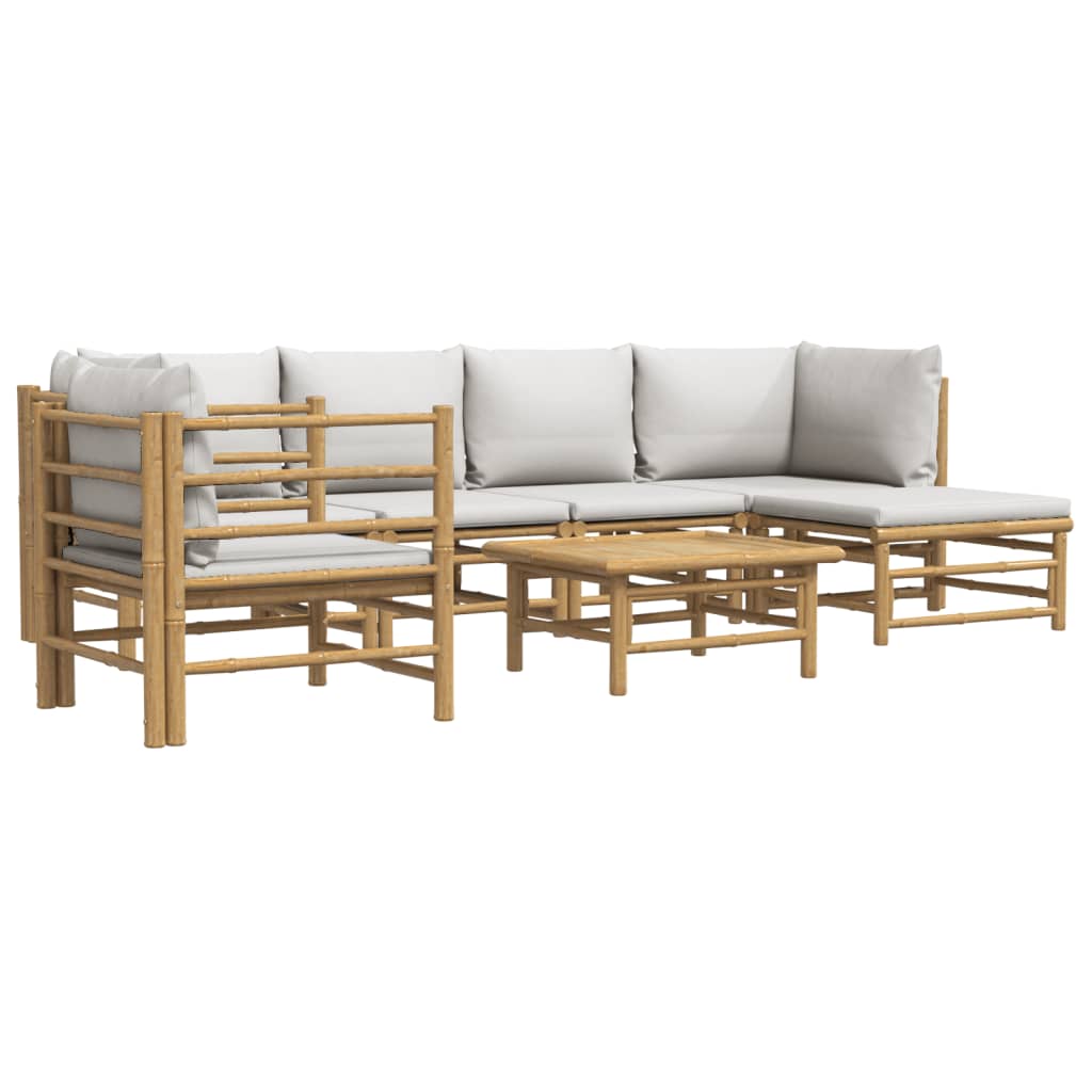 7 pcs conj. lounge de jardim bambu c/ almofadões cinzento-claro