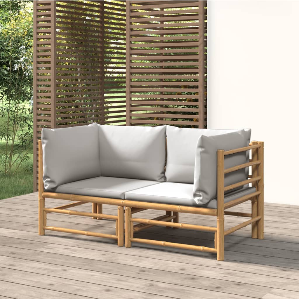 Sofás de canto p/ jardim bambu c/ almofadões 2 pcs cinza-claro