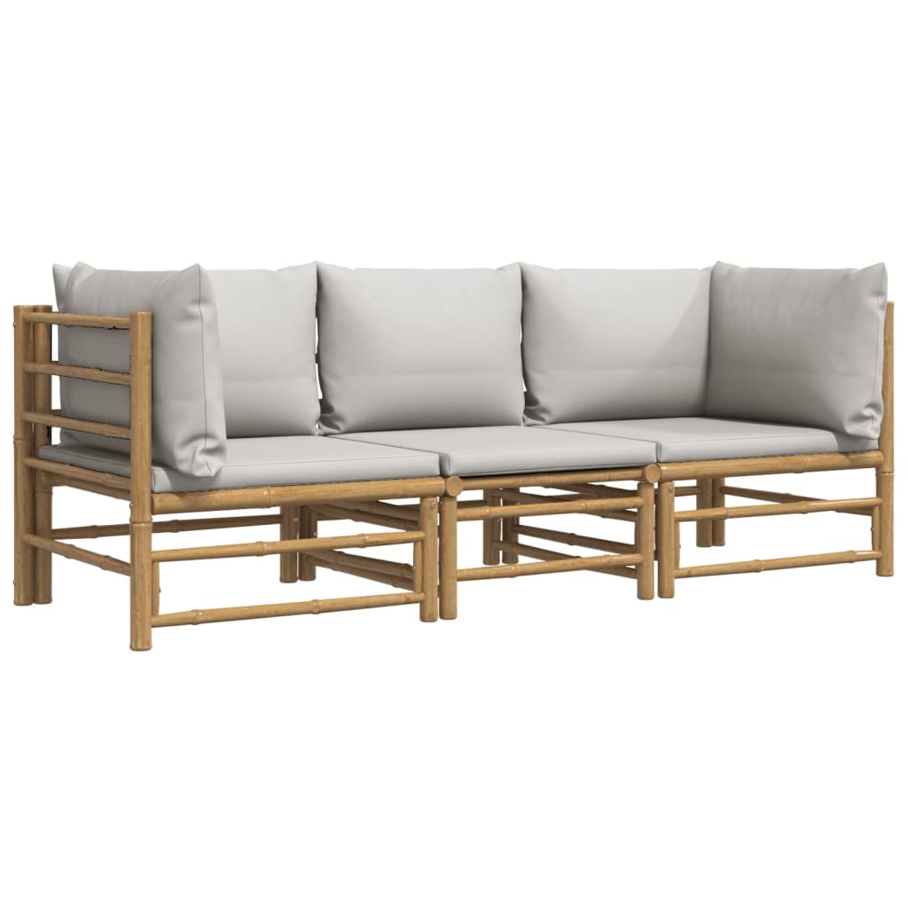 3 pcs conj. lounge de jardim bambu c/ almofadões cinzento-claro