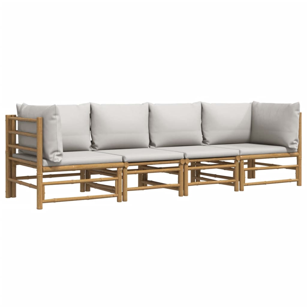 4 pcs conj. lounge de jardim bambu c/ almofadões cinzento-claro