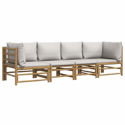 4 pcs conj. lounge de jardim bambu c/ almofadões cinzento-claro