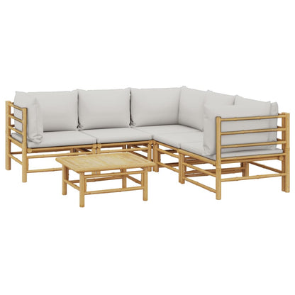 6 pcs conj. lounge de jardim bambu c/ almofadões cinzento-claro