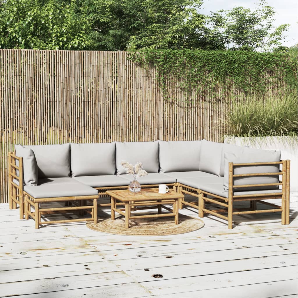 8 pcs conj. lounge de jardim bambu c/ almofadões cinzento-claro