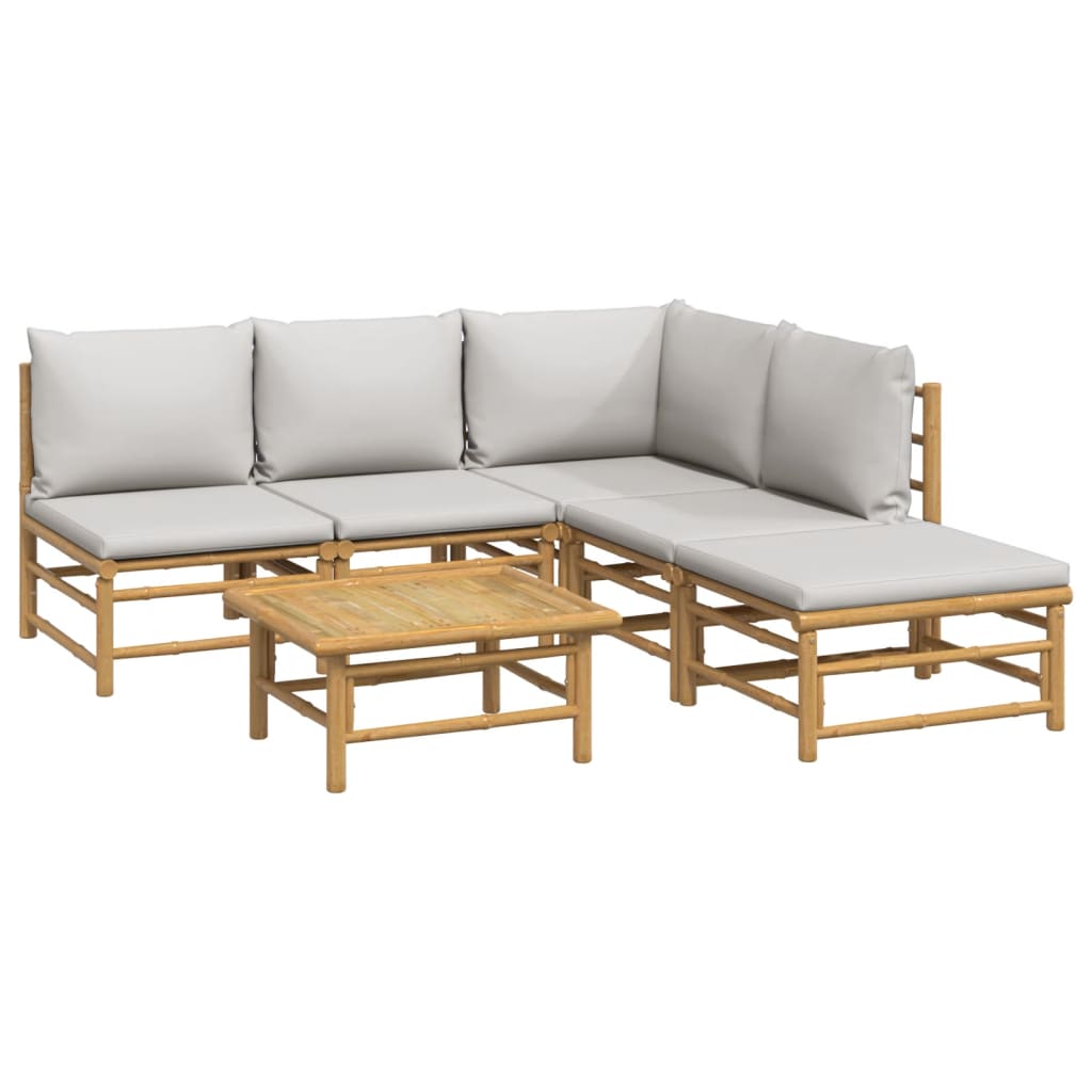 6 pcs conj. lounge de jardim bambu c/ almofadões cinzento-claro