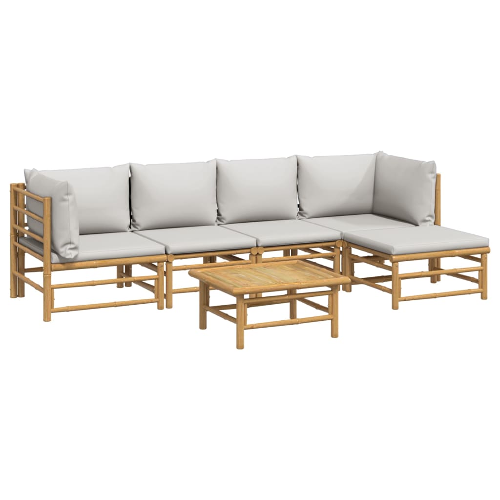 6 pcs conj. lounge de jardim bambu c/ almofadões cinzento-claro