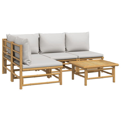 5 pcs conj. lounge de jardim bambu c/ almofadões cinzento-claro