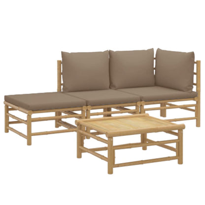 4 pcs conj. lounge jardim bambu c/ almofadões cinza-acastanhado