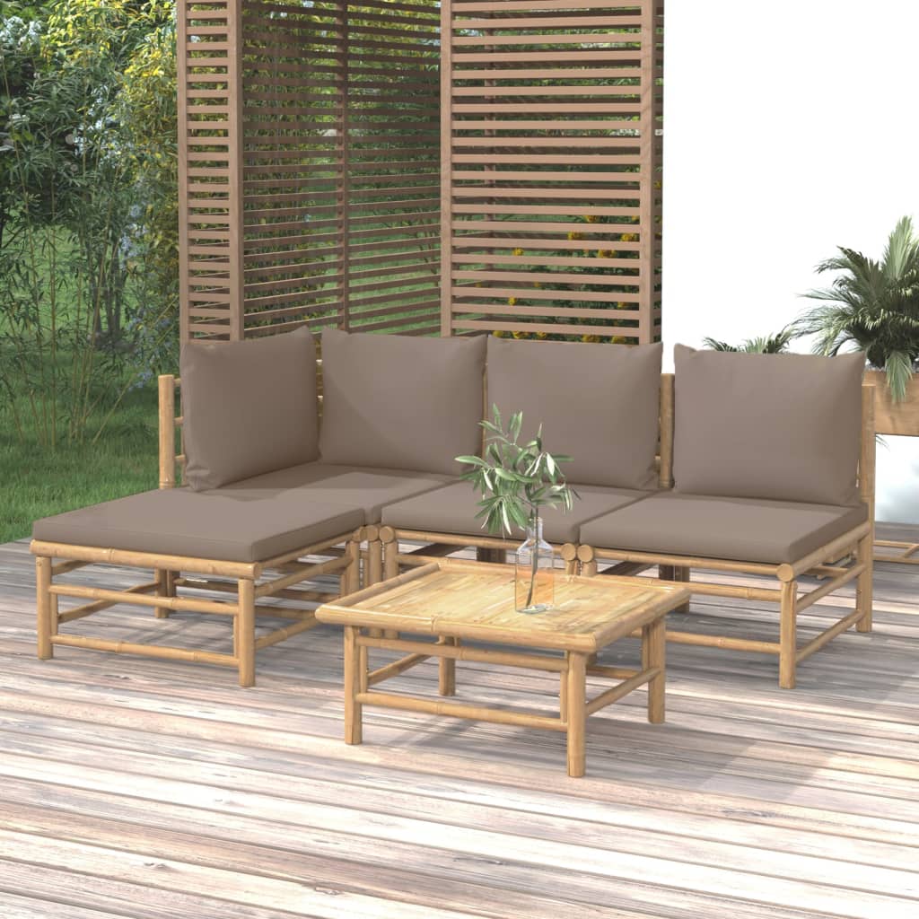 5 pcs conj. lounge jardim bambu almofadões cinzento-acastanhado