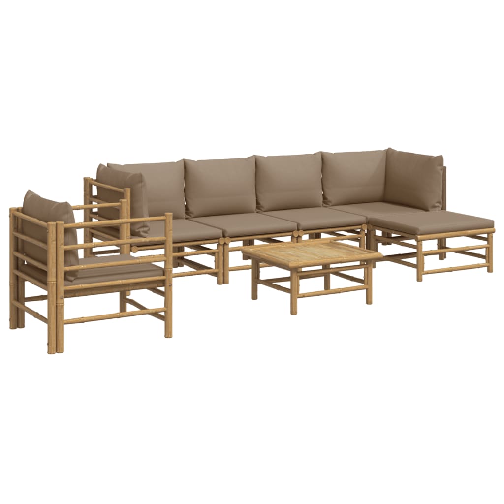 7 pcs conj. lounge jardim bambu c/ almofadões cinza-acastanhado