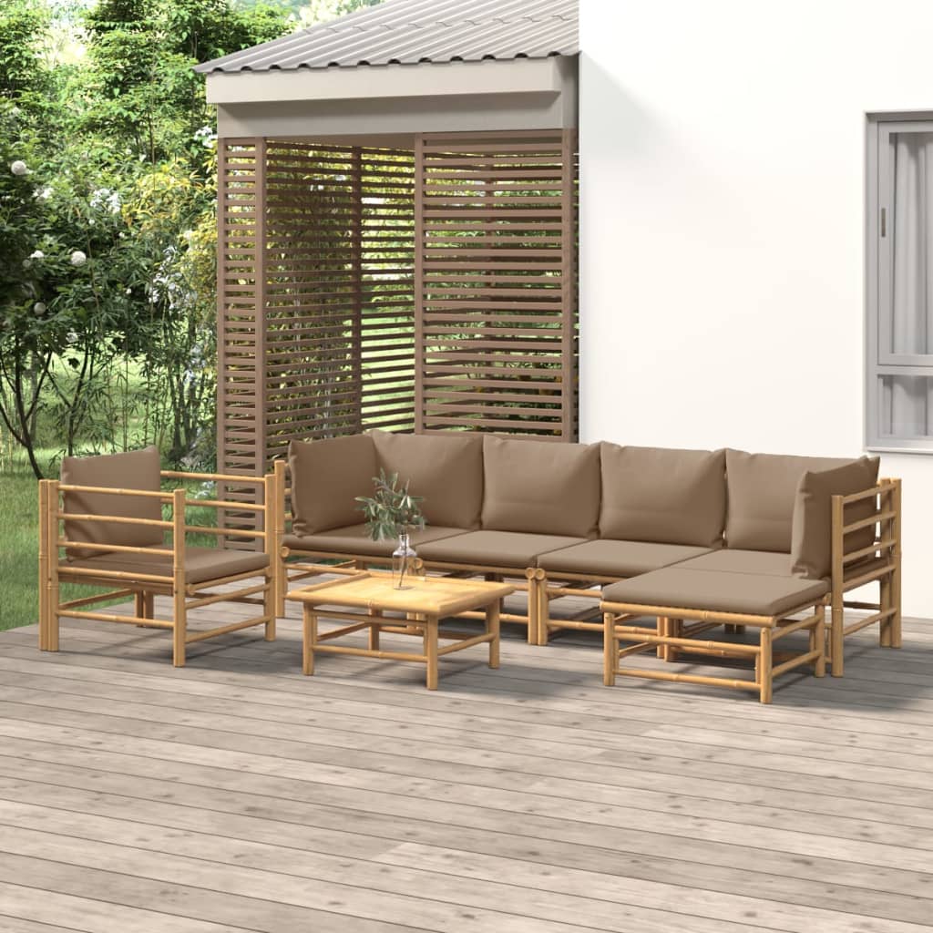 7 pcs conj. lounge jardim bambu c/ almofadões cinza-acastanhado