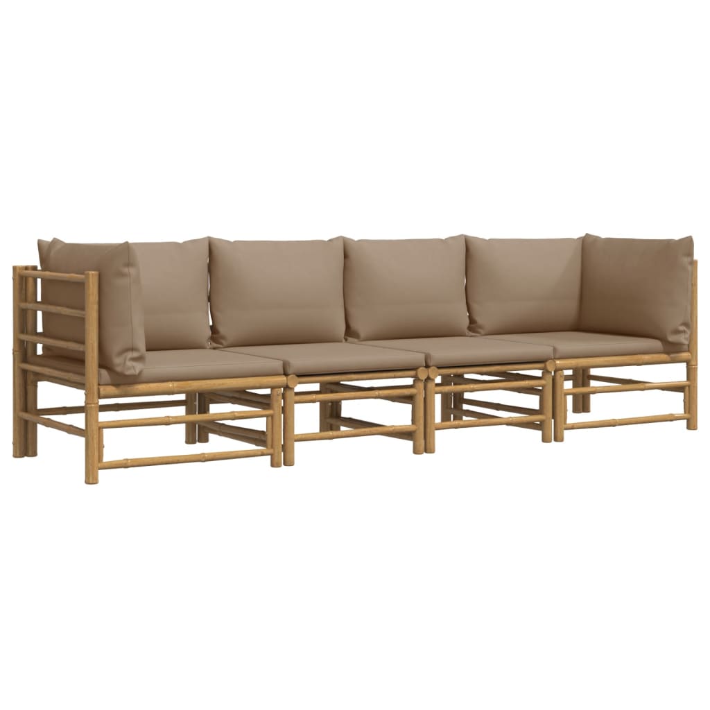 4 pcs conj. lounge jardim bambu c/ almofadões cinza-acastanhado