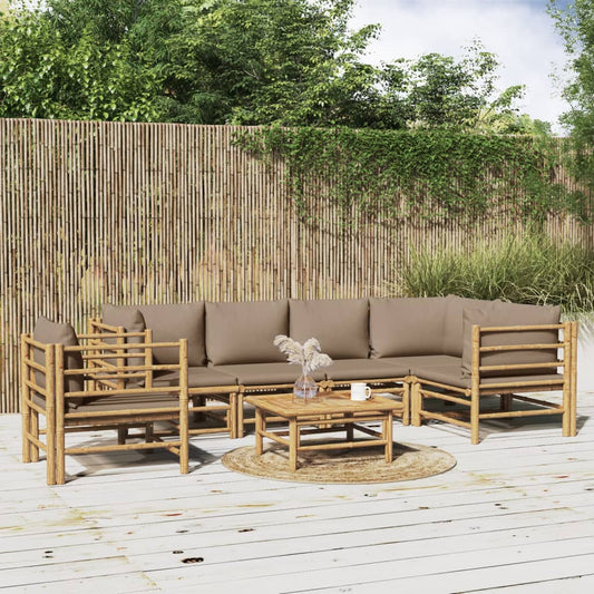 7 pcs conj. lounge jardim bambu c/ almofadões cinza-acastanhado