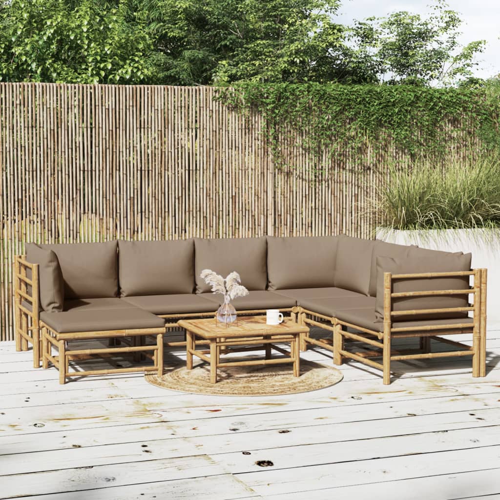 8 pcs conj. lounge jardim bambu almofadões cinzento-acastanhado