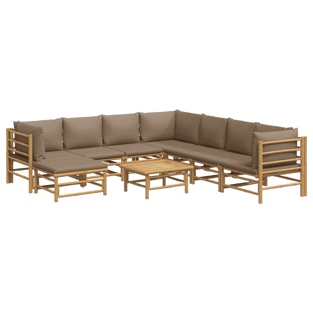 9 pcs conj. lounge jardim bambu almofadões cinzento-acastanhado