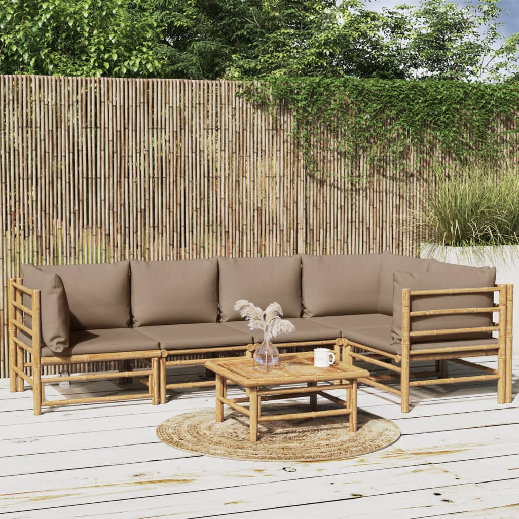 6 pcs conj. lounge jardim bambu almofadões cinzento-acastanhado