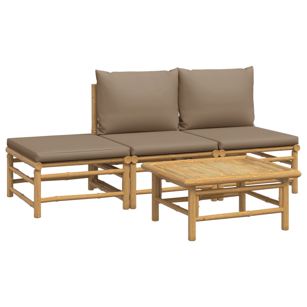 4 pcs conj. lounge jardim bambu c/ almofadões cinza-acastanhado