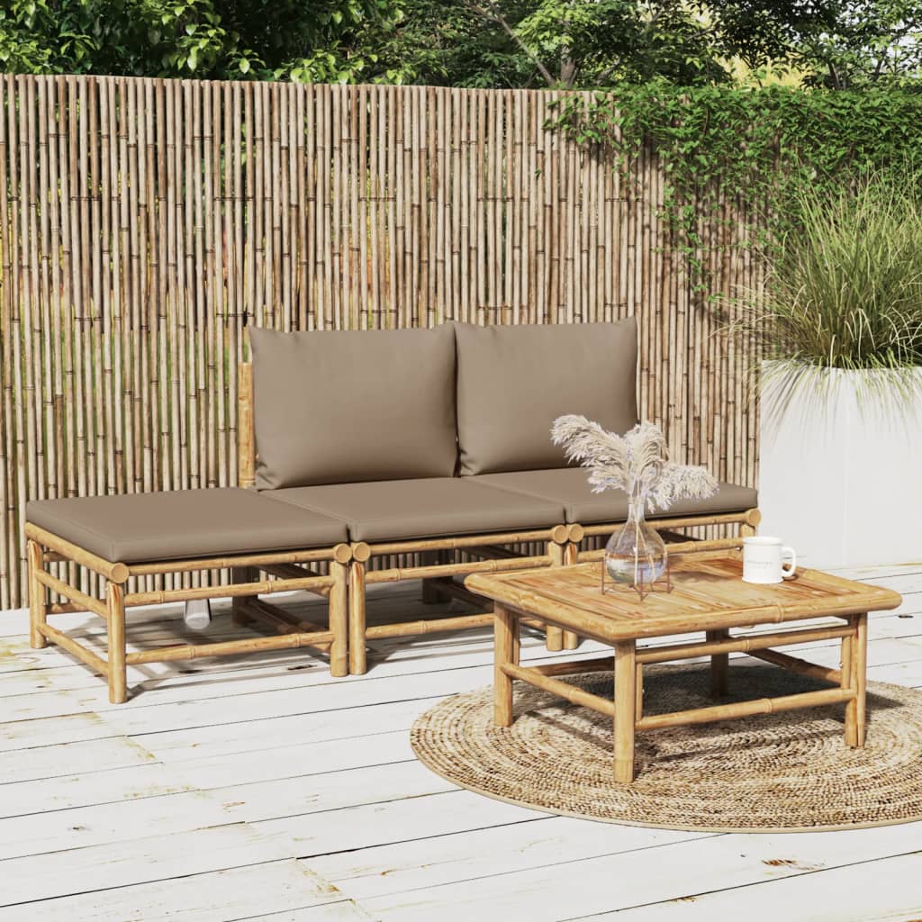 4 pcs conj. lounge jardim bambu c/ almofadões cinza-acastanhado