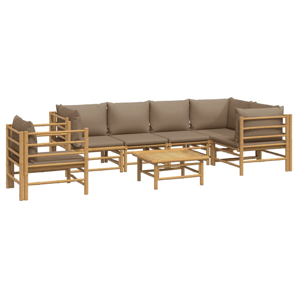 7 pcs conj. lounge jardim bambu c/ almofadões cinza-acastanhado