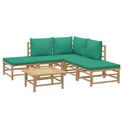 6 pcs conjunto lounge de jardim bambu c/ almofadões verdes