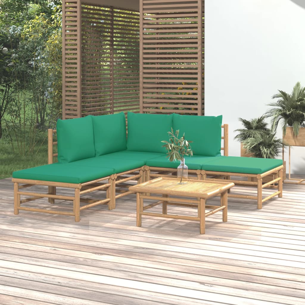 6 pcs conjunto lounge de jardim bambu c/ almofadões verdes