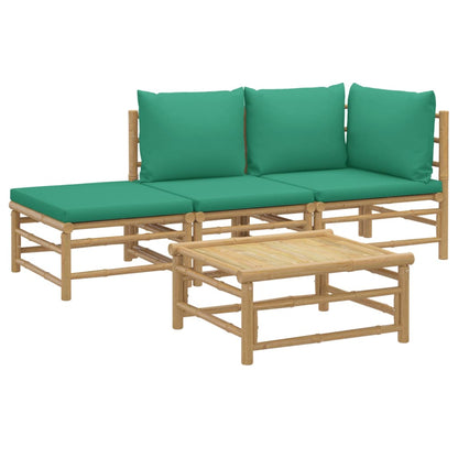 4 pcs conjunto lounge de jardim bambu c/ almofadões verdes