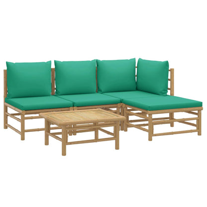 5 pcs conjunto lounge de jardim bambu c/ almofadões verdes