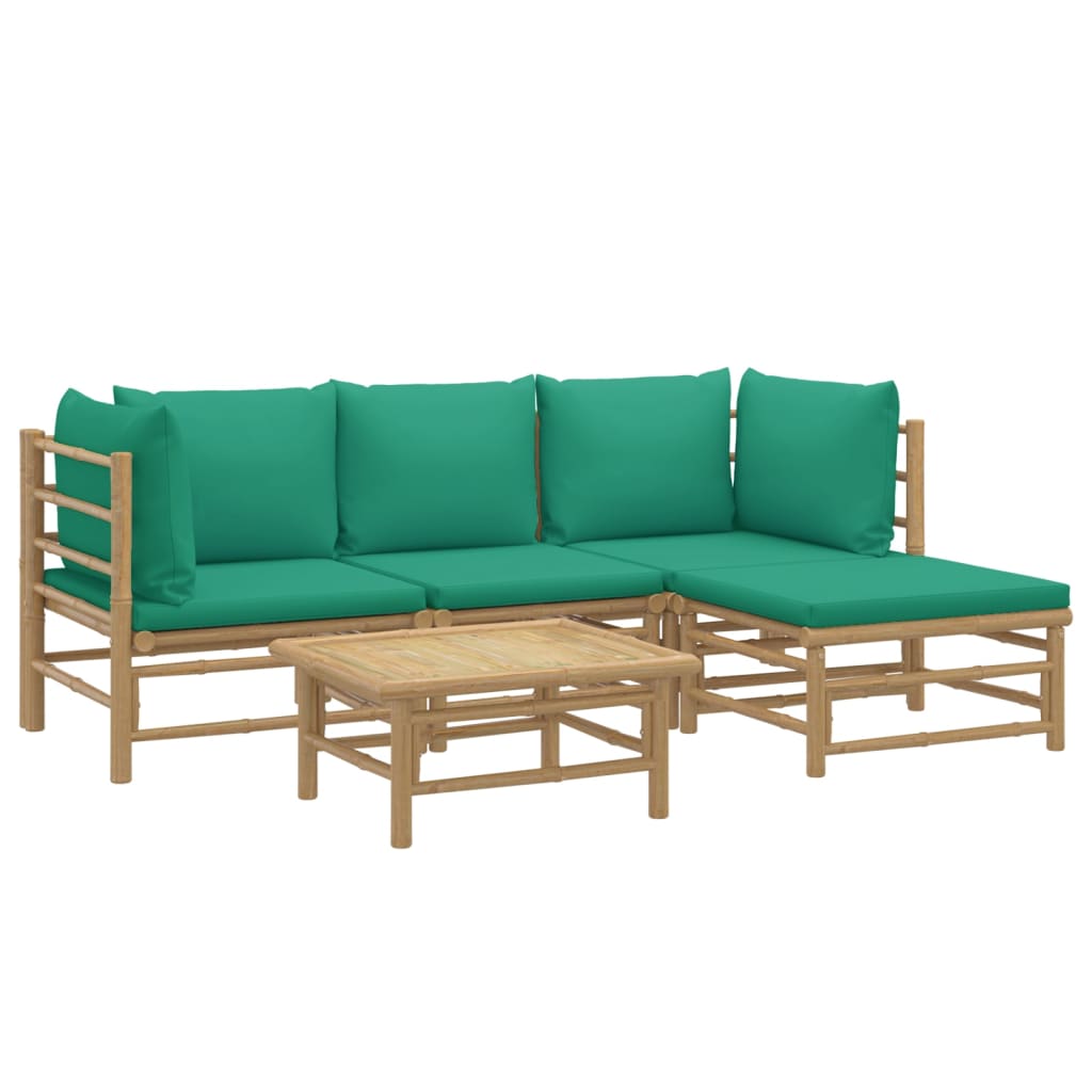 5 pcs conjunto lounge de jardim bambu c/ almofadões verdes