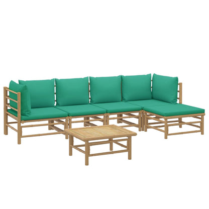 6 pcs conjunto lounge de jardim bambu c/ almofadões verdes