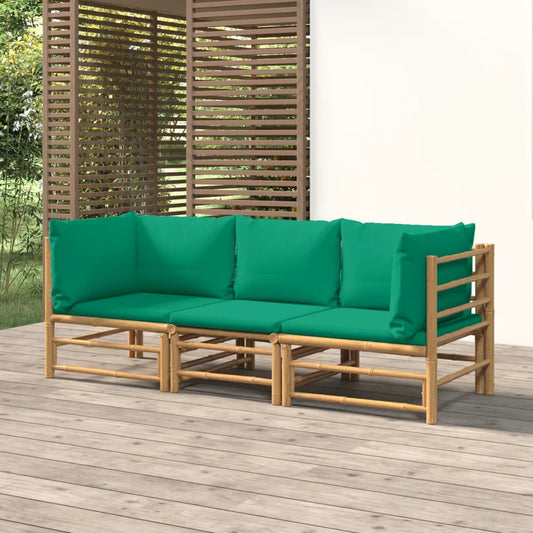 3 pcs conjunto lounge de jardim bambu c/ almofadões verdes