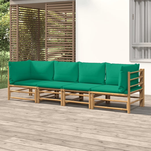 4 pcs conjunto lounge de jardim bambu c/ almofadões verdes