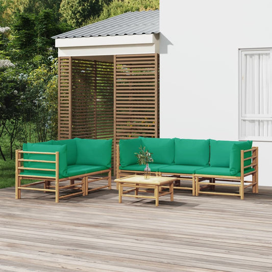 6 pcs conjunto lounge de jardim bambu c/ almofadões verdes