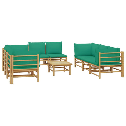 9 pcs conjunto lounge de jardim bambu c/ almofadões verdes