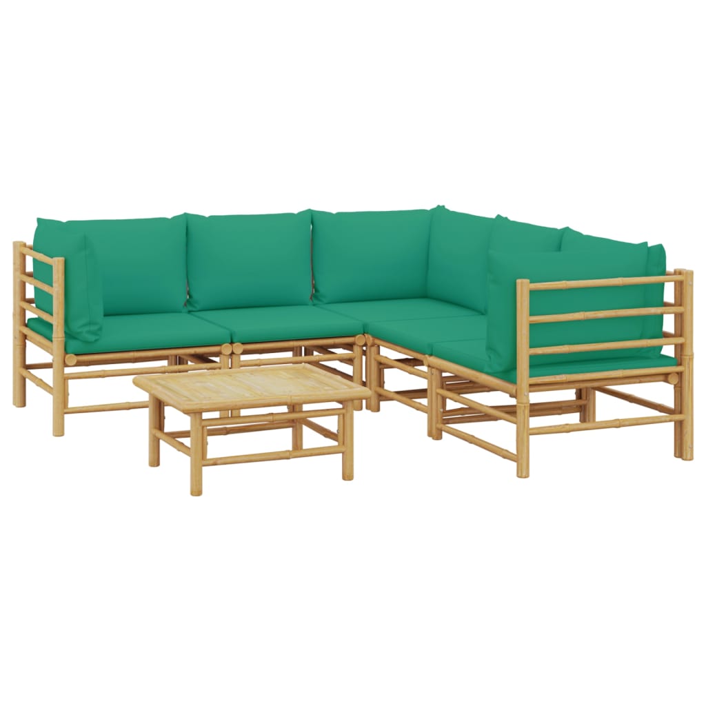 6 pcs conjunto lounge de jardim bambu c/ almofadões verdes