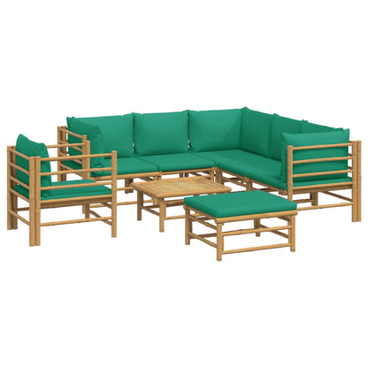 8 pcs conjunto lounge de jardim bambu c/ almofadões verdes