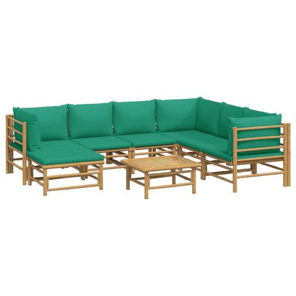 8 pcs conjunto lounge de jardim bambu c/ almofadões verdes