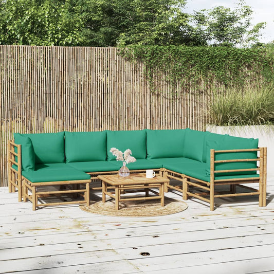 8 pcs conjunto lounge de jardim bambu c/ almofadões verdes