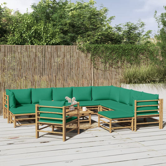 12 pcs conjunto lounge de jardim bambu c/ almofadões verdes