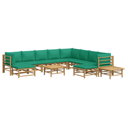 12 pcs conjunto lounge de jardim bambu c/ almofadões verdes