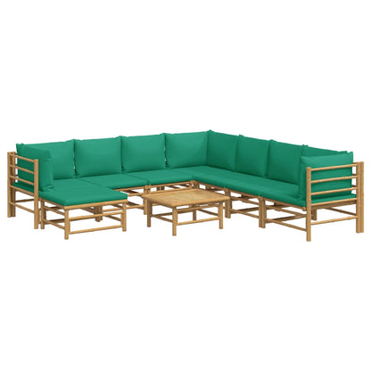 9 pcs conjunto lounge de jardim bambu c/ almofadões verdes