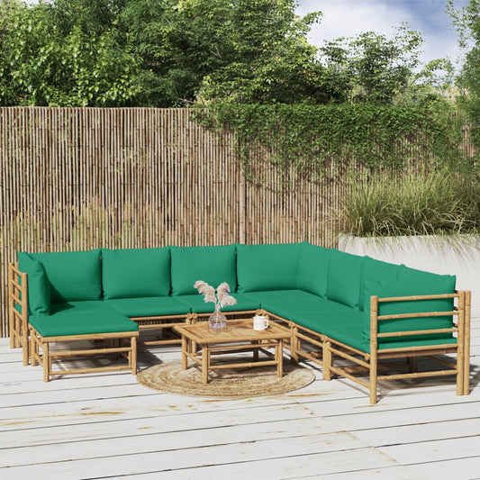 9 pcs conjunto lounge de jardim bambu c/ almofadões verdes