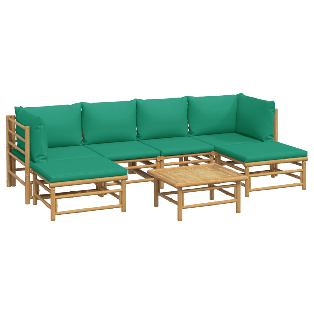 7 pcs conjunto lounge de jardim bambu c/ almofadões verdes