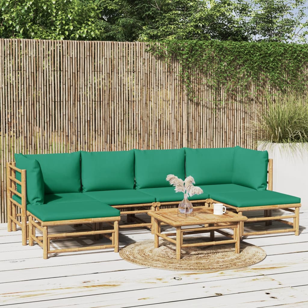 7 pcs conjunto lounge de jardim bambu c/ almofadões verdes